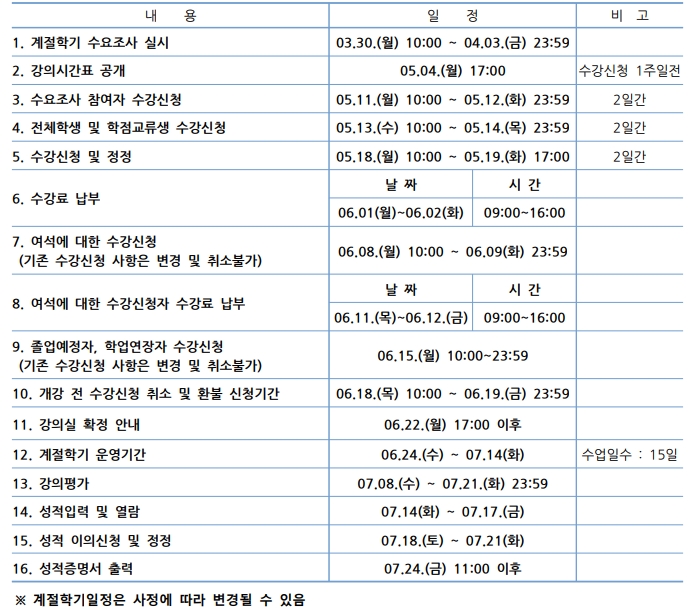 2026여름계절학기 안내