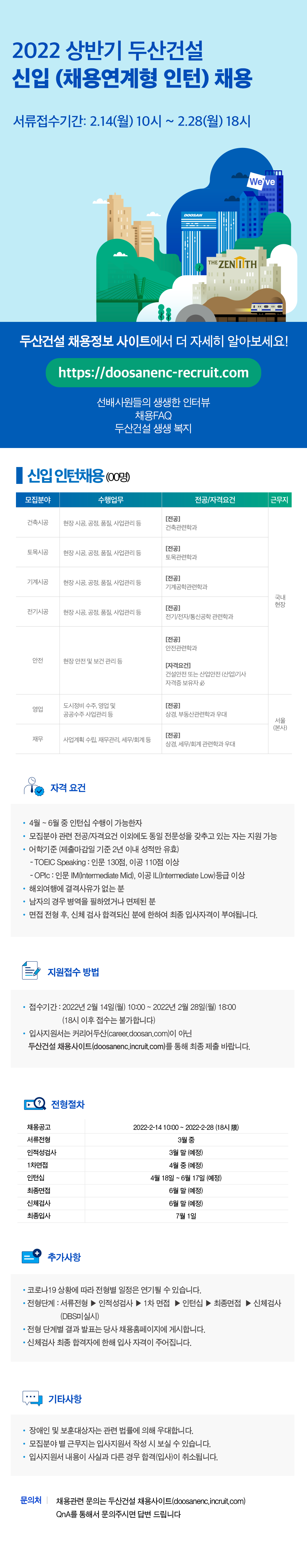 2022 상반기 두산건설 신입(채용연계형 인턴) 채용 공고문